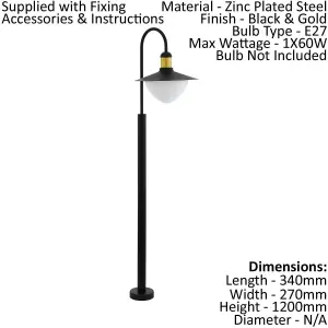 2 PACK IP44 Outdoor Bollard Light Black & Gold Curved Arm Post 1x 60W E27