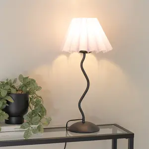 ValueLights Wiggle Black Metal Single Stem Table Lamp with Lilac Scallop Tapered Lamp Shade and LED Bulb