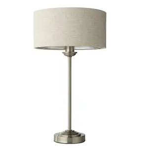 Luminosa Highclere 1 Light Table Lamp Brushed Chrome Plate, Natural Linen