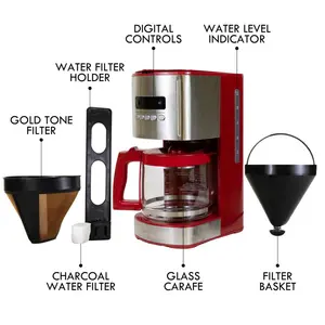 Kenmore Drip Coffee Maker Machine, 1.8L Filter Coffee Machine with Timer Red