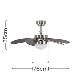 ValueLights Silver Chrome And Wood 30" Modern 6 Blade Ceiling Fan With Flush Light