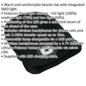 Beanie Hat with Integrated Spotlight - 4 SMD LED - Built In Wireless Headphones