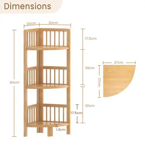 3 Tier Bamboo Corner Storage Shelf - 27cm x 27cm x 89cm