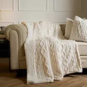 Cable Knit Blanket Sherpa Fleece Plush Supersoft Warm Throw, Cream - 130 x 160cm