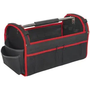 Durable Red Open Tool Bag with Multiple Pockets and Rigid Base