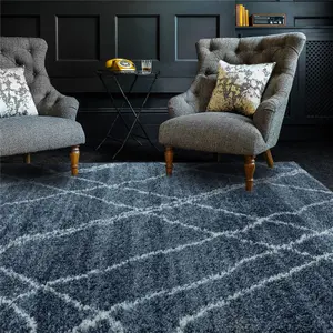 Blue Cream Geometric Luxurious Modern Shaggy Jute Backing Rug for Living Room Bedroom and Dining Room-80cm X 150cm