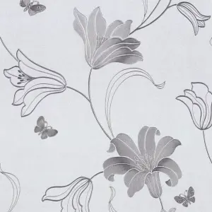 Muriva Silver Floral Metallic effect Embossed Wallpaper