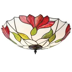 Tiffany Glass Semi Flush Ceiling Light Red Flower Round Inverted Shade i00035