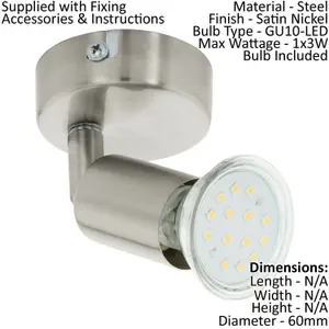 Wall 1 Spot Light Colour Satin Nickel Steel Shade Bulb GU10 1x3W Included