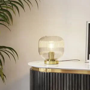 GoodHome Lybia Round Brushed Satin Brass effect Eco halogen Table lamp