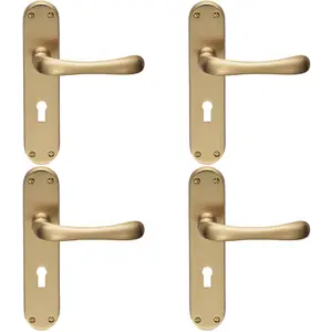 4 PACK - Rounded Smooth Latch & Lock Door Handle - Satin Brass Lever on Backplate