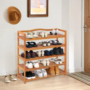 Costway 5-Tier Wood Shoe Rack Solid Shoe Storage Shelf Organizing Unit w/ Side Hooks