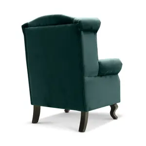 Velvet Wing Back Fireside Henley Chair Armchair with Buttons Bottle Green