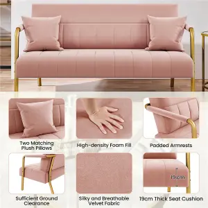 Yaheetech Pink Upholstered Sofa Couch with 2 Pillows and Gold-tone Metal Arms