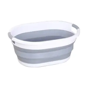 24L Oval Shape Foldable Plastic Laundry Basket, Grey