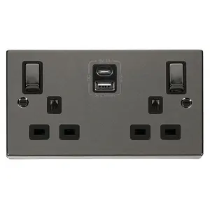 Black Nickel 2 Gang 13A DP Ingot Type A & C USB Twin Double Switched Plug Socket - Black Trim - SE Home