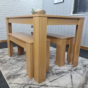 Dining Table With 2 Bench, Dining Table Room Set 4, Wooden OAK Effect Table, 2 Oak Benches Furniture Kosy Koala