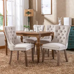 Set of 6 Lux Beige Velvet Upholstered Kitchen Dining Chairs Home Office Bedroom Chairs with Wing Back