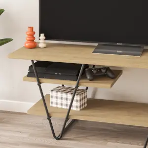 Decortie Modern Essel TV Stand 48-Inch Oak Hairpin Metal Legs Rectangle 110(W)cm Shelf for Multimedia Centre Organiser