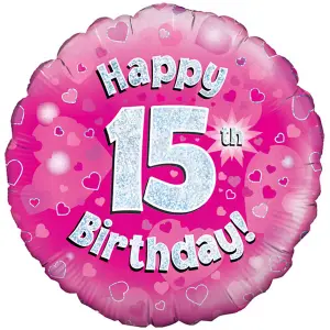 Oaktree 18 Inch Happy 15th Birthday Holographic Balloon Pink/Silver (One Size)