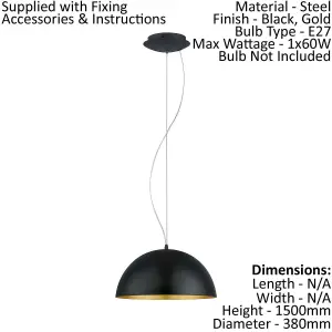 Pendant Ceiling Light Steel Black Outer Gold Inner Shade Bulb E27 1x60W