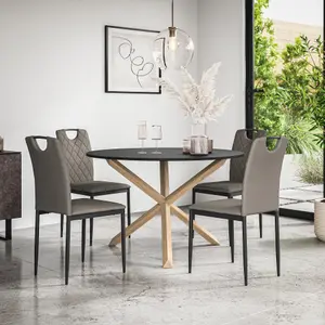 Malvern Round Dining Table And Chairs -  Black Table Top w Solid Oak Legs + Monza Faux Leather Dining Chair Set Of 4 (Grey)