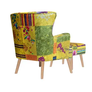 Fabric Gold Patchwork Abigail Accent Wingback Chair with Footstool