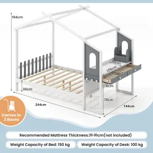 COSTWAY Double Size Wooden Kids House Bed Frame with Desk