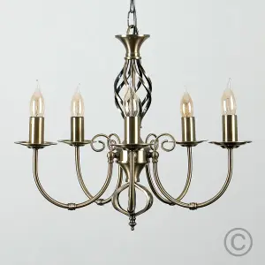 ValueLights Memphis Style Antique Brass Barley Twist 5 Way Ceiling Light Chandelier with 5 4w SES E14 LED Cool White Bulb