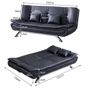 2 Seater Sofa Bed Faux Leather Shell Loveseat Couch Recliner Sofabed with 2 Pillows in Black