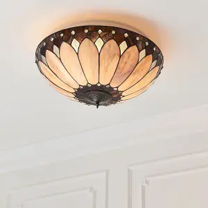 Tiffany Glass Semi Flush Ceiling Light Cream Bronze Round Inverted Shade i00036