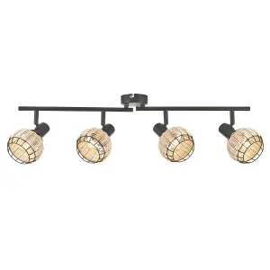 First Choice Lighting Set of 2 Goa Black and Natural Rattan 4 Light Ceiling Spotlight Bars