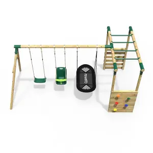 Rebo Wooden Children's Garden Swing Set with Monkey Bars - Triple Swing - Halley Green