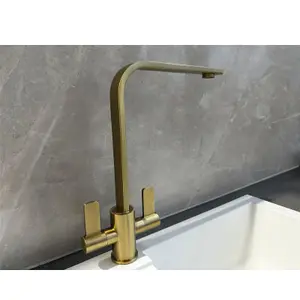 Liquida EB404BR Flat Style Modern Dual Lever Brushed Brass Kitchen Mixer Tap