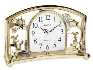 Rhythm Gold Mantel Clock with Alarm Swinging Pendulum with Swarovski Crystals