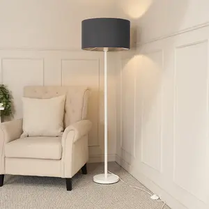 ValueLights Charles White Single Stem Floor Lamp with Charcoal Drum Lamp Shade and LED Bulb