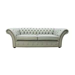 Chesterfield 3 Seater Sofa Settee Shelly Thyme Green Leather In Balmoral Style