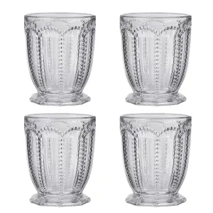 Set of 4 Vintage Luxury Clear Embossed Short Drinking Glass Whiskey Glass Tumblers 340ml