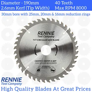 190mm x 40T TCT Circular Wood Saw Blade. Fits Bosch Makita Ryobi Dewalt Circular Saws Etc