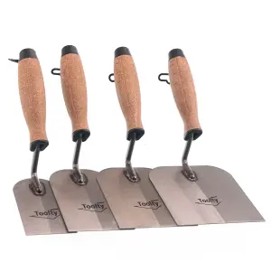 Toolty Margin Plastering Trowel with Wooden Handle Set 4PCS 60, 80, 100, 120mm Grinded Carbon Steel for Brickwork Plastering DIY