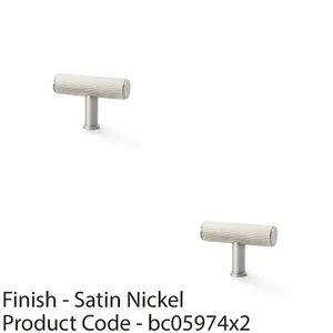 2 PACK - Reeded T Bar Cupboard Door Knob - 55mm x 38mm Satin Nickel Lined Pull Handle