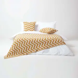 Homescapes Mustard Chevron Cotton Knitted Throw, 130 x 170 cm