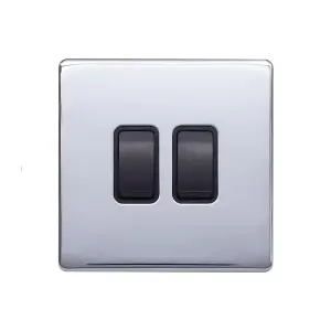 Polished Chrome Screwless Plate 10A 2 Gang 2 Way Light Switch - Black Trim - SE Home