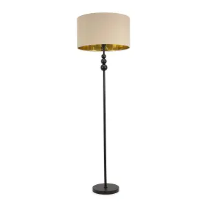 ValueLights Marissa Matt Black Stacked Ball Floor Lamp with Beige/Gold Shade