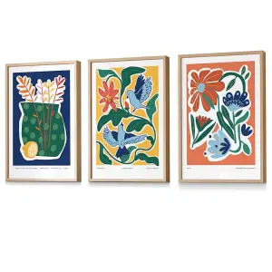 Set of 3 Artisan Floral Wall Art Prints in Bright Colours / 42x59cm (A2) / Oak Frame