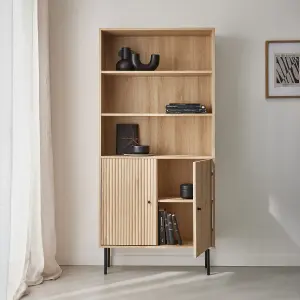 sweeek. 2-door bookcase with wooden decor and metal Braga Natural 29x80x170.5 cm