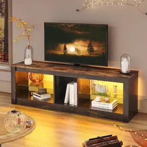 Nabria 55" length  TV Stand Cabinet with Glass Shelf & RGB LED Lighted for up to 65" TVs, Gaming Entertainment Center Brown/Black