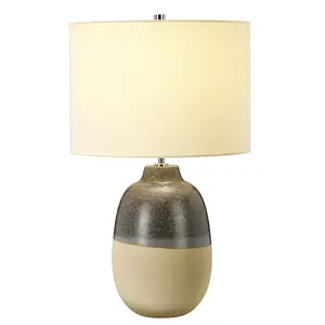 Table Lamp Grey Brown Glaze Matt Beige Base Cream Faux Silk Shade LED E27 60W