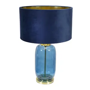 ValueLights Leigh Navy Blue and Gold Glass Table Lamp with Navy Velvet and Gold Inner Shade