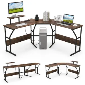 COSTWAY L-shaped Desk Long 2-Person Corner Computer Desk w/ Monitor Stand